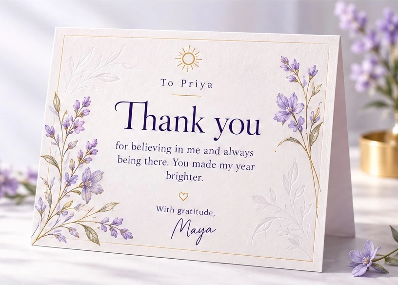 A thank-you card surrounded by lavender